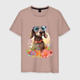 Мужская футболка хлопок с принтом Такса в очках в окружении цветов в Тюмени, 100% хлопок | прямой крой, круглый вырез горловины, длина до линии бедер, слегка спущенное плечо. | 
