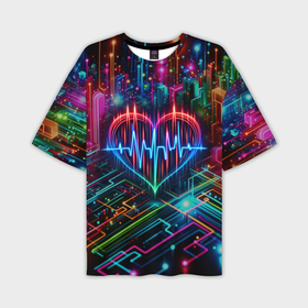 Мужская футболка oversize 3D с принтом Неоновое сердце   кардиограмма в Петрозаводске,  |  | 