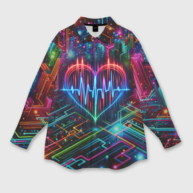 Мужская рубашка oversize 3D с принтом Неоновое сердце   кардиограмма в Петрозаводске,  |  | Тематика изображения на принте: 