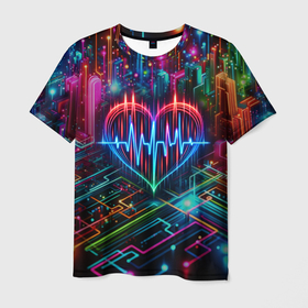 Мужская футболка 3D с принтом Неоновое сердце   кардиограмма в Петрозаводске, 100% полиэфир | прямой крой, круглый вырез горловины, длина до линии бедер | Тематика изображения на принте: 