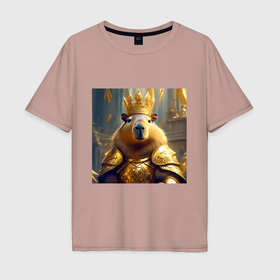 Мужская футболка хлопок Oversize с принтом Мем царь капибара в золотых латах и короне в Новосибирске, 100% хлопок | свободный крой, круглый ворот, “спинка” длиннее передней части | 