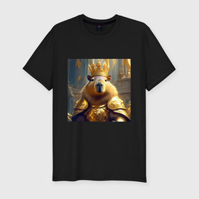 Мужская футболка хлопок Slim с принтом Мем царь капибара в золотых латах и короне в Новосибирске, 92% хлопок, 8% лайкра | приталенный силуэт, круглый вырез ворота, длина до линии бедра, короткий рукав | 