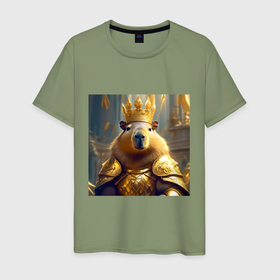 Мужская футболка хлопок с принтом Мем царь капибара в золотых латах и короне в Новосибирске, 100% хлопок | прямой крой, круглый вырез горловины, длина до линии бедер, слегка спущенное плечо. | 