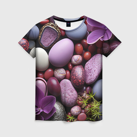Женская футболка 3D с принтом Галька с фиолетовыми цветами в Санкт-Петербурге, 100% полиэфир ( синтетическое хлопкоподобное полотно) | прямой крой, круглый вырез горловины, длина до линии бедер | 