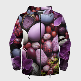 Мужская ветровка 3D с принтом Галька с фиолетовыми цветами в Санкт-Петербурге, 100% полиэстер | подол и капюшон оформлены резинкой с фиксаторами, два кармана без застежек по бокам, один потайной карман на груди | 