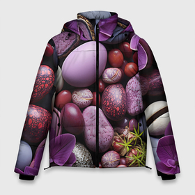 Мужская зимняя куртка 3D с принтом Галька с фиолетовыми цветами в Санкт-Петербурге, верх — 100% полиэстер; подкладка — 100% полиэстер; утеплитель — 100% полиэстер | длина ниже бедра, свободный силуэт Оверсайз. Есть воротник-стойка, отстегивающийся капюшон и ветрозащитная планка. 

Боковые карманы с листочкой на кнопках и внутренний карман на молнии. | 