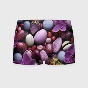 Мужские трусы 3D с принтом Галька с фиолетовыми цветами в Санкт-Петербурге, 50% хлопок, 50% полиэстер | классическая посадка, на поясе мягкая тканевая резинка | 