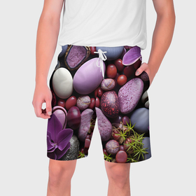 Мужские шорты 3D с принтом Галька с фиолетовыми цветами в Санкт-Петербурге,  полиэстер 100% | прямой крой, два кармана без застежек по бокам. Мягкая трикотажная резинка на поясе, внутри которой широкие завязки. Длина чуть выше колен | 