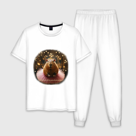 Мужская пижама хлопок с принтом Мем капибара и надпись: порхай как бабочка в Петрозаводске, 100% хлопок | брюки и футболка прямого кроя, без карманов, на брюках мягкая резинка на поясе и по низу штанин
 | 