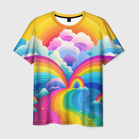 Мужская футболка 3D с принтом Краски перетекают в радугу в Кировске, 100% полиэфир | прямой крой, круглый вырез горловины, длина до линии бедер | Тематика изображения на принте: 