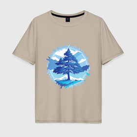 Мужская футболка хлопок Oversize с принтом Дерево в горах в Новосибирске, 100% хлопок | свободный крой, круглый ворот, “спинка” длиннее передней части | Тематика изображения на принте: 
