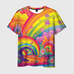 Мужская футболка 3D с принтом Яркий мир радуги и красок в Кировске, 100% полиэфир | прямой крой, круглый вырез горловины, длина до линии бедер | Тематика изображения на принте: 