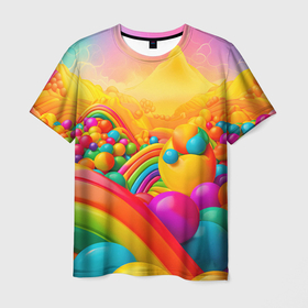 Мужская футболка 3D с принтом Цветные пузыри и радуга , 100% полиэфир | прямой крой, круглый вырез горловины, длина до линии бедер | 