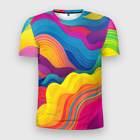 Мужская футболка 3D Slim с принтом Волны из яркой радуги в Кировске, 100% полиэстер с улучшенными характеристиками | приталенный силуэт, круглая горловина, широкие плечи, сужается к линии бедра | 