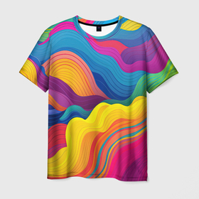 Мужская футболка 3D с принтом Волны из яркой радуги в Екатеринбурге, 100% полиэфир | прямой крой, круглый вырез горловины, длина до линии бедер | 