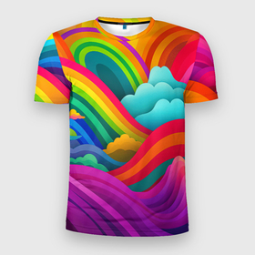Мужская футболка 3D Slim с принтом Яркие сочные волны из радуги в Кировске, 100% полиэстер с улучшенными характеристиками | приталенный силуэт, круглая горловина, широкие плечи, сужается к линии бедра | 