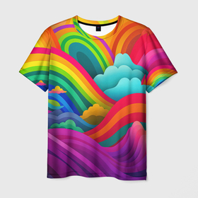 Мужская футболка 3D с принтом Яркие сочные волны из радуги , 100% полиэфир | прямой крой, круглый вырез горловины, длина до линии бедер | 