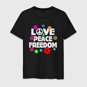 Мужская футболка хлопок с принтом Любовь мир свобода в Новосибирске, 100% хлопок | прямой крой, круглый вырез горловины, длина до линии бедер, слегка спущенное плечо. | 