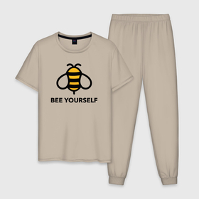 Мужская пижама хлопок с принтом Bee yourself в Екатеринбурге, 100% хлопок | брюки и футболка прямого кроя, без карманов, на брюках мягкая резинка на поясе и по низу штанин
 | 