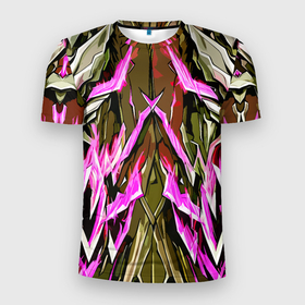Мужская футболка 3D Slim с принтом Камень и агрессивные розовые полосы в Санкт-Петербурге, 100% полиэстер с улучшенными характеристиками | приталенный силуэт, круглая горловина, широкие плечи, сужается к линии бедра | Тематика изображения на принте: 