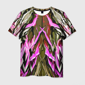 Мужская футболка 3D с принтом Камень и агрессивные розовые полосы в Санкт-Петербурге, 100% полиэфир | прямой крой, круглый вырез горловины, длина до линии бедер | 