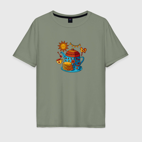 Мужская футболка хлопок Oversize с принтом Масленица, чаепитие с блинами в Тюмени, 100% хлопок | свободный крой, круглый ворот, “спинка” длиннее передней части | 
