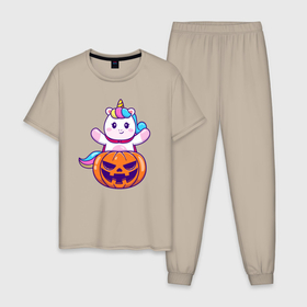 Мужская пижама хлопок с принтом Единорог и хэллоуин в Екатеринбурге, 100% хлопок | брюки и футболка прямого кроя, без карманов, на брюках мягкая резинка на поясе и по низу штанин
 | Тематика изображения на принте: 