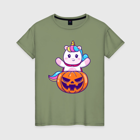 Женская футболка хлопок с принтом Единорог и хэллоуин в Тюмени, 100% хлопок | прямой крой, круглый вырез горловины, длина до линии бедер, слегка спущенное плечо | 