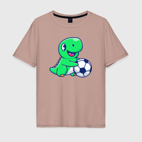 Мужская футболка хлопок Oversize с принтом Динозавр футболист в Екатеринбурге, 100% хлопок | свободный крой, круглый ворот, “спинка” длиннее передней части | 