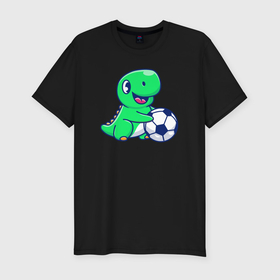 Мужская футболка хлопок Slim с принтом Динозавр футболист , 92% хлопок, 8% лайкра | приталенный силуэт, круглый вырез ворота, длина до линии бедра, короткий рукав | 