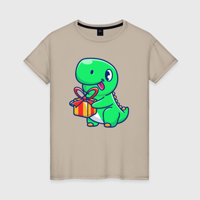 Женская футболка хлопок с принтом Динозавр с подарком в Новосибирске, 100% хлопок | прямой крой, круглый вырез горловины, длина до линии бедер, слегка спущенное плечо | 