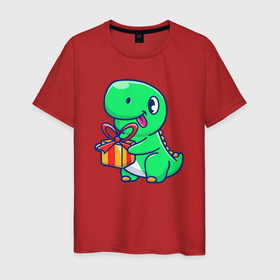 Мужская футболка хлопок с принтом Динозавр с подарком в Новосибирске, 100% хлопок | прямой крой, круглый вырез горловины, длина до линии бедер, слегка спущенное плечо. | 