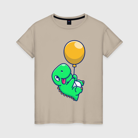 Женская футболка хлопок с принтом Динозаврик с шариком в Екатеринбурге, 100% хлопок | прямой крой, круглый вырез горловины, длина до линии бедер, слегка спущенное плечо | 