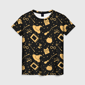 Женская футболка 3D с принтом Символы волшебства на темном в Кировске, 100% полиэфир ( синтетическое хлопкоподобное полотно) | прямой крой, круглый вырез горловины, длина до линии бедер | 