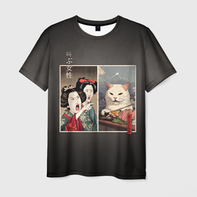 Мужская футболка 3D с принтом Кот   мем в японской стилистике в Кировске, 100% полиэфир | прямой крой, круглый вырез горловины, длина до линии бедер | 