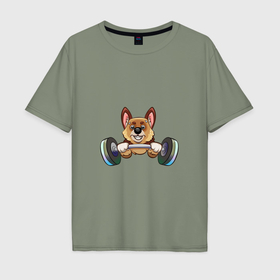 Мужская футболка хлопок Oversize с принтом Собачка с гантелями в Белгороде, 100% хлопок | свободный крой, круглый ворот, “спинка” длиннее передней части | 