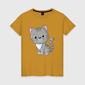 Женская футболка хлопок с принтом Серый милый котёнок в Петрозаводске, 100% хлопок | прямой крой, круглый вырез горловины, длина до линии бедер, слегка спущенное плечо | 