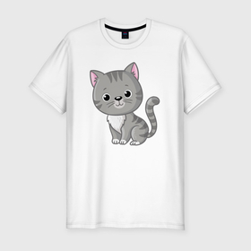 Мужская футболка хлопок Slim с принтом Серый милый котёнок в Петрозаводске, 92% хлопок, 8% лайкра | приталенный силуэт, круглый вырез ворота, длина до линии бедра, короткий рукав | 