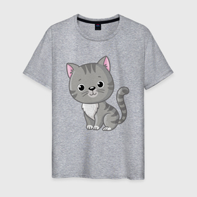 Мужская футболка хлопок с принтом Серый милый котёнок в Санкт-Петербурге, 100% хлопок | прямой крой, круглый вырез горловины, длина до линии бедер, слегка спущенное плечо. | 