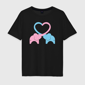 Мужская футболка хлопок Oversize с принтом Elephants love в Белгороде, 100% хлопок | свободный крой, круглый ворот, “спинка” длиннее передней части | 