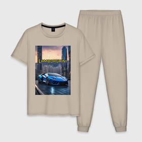 Мужская пижама хлопок с принтом Ламборгини Авентадор в Екатеринбурге, 100% хлопок | брюки и футболка прямого кроя, без карманов, на брюках мягкая резинка на поясе и по низу штанин
 | Тематика изображения на принте: 