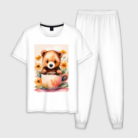 Мужская пижама хлопок с принтом Медвежонок с кружкой в Белгороде, 100% хлопок | брюки и футболка прямого кроя, без карманов, на брюках мягкая резинка на поясе и по низу штанин
 | 