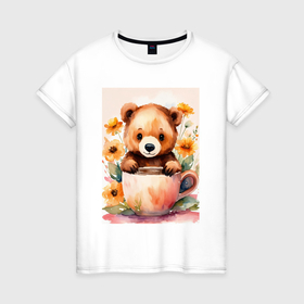 Женская футболка хлопок с принтом Медвежонок с кружкой в Белгороде, 100% хлопок | прямой крой, круглый вырез горловины, длина до линии бедер, слегка спущенное плечо | 