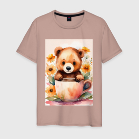 Мужская футболка хлопок с принтом Медвежонок с кружкой в Екатеринбурге, 100% хлопок | прямой крой, круглый вырез горловины, длина до линии бедер, слегка спущенное плечо. | 