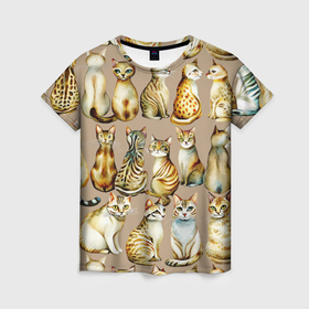 Женская футболка 3D с принтом Паттерн с полосатыми кошками , 100% полиэфир ( синтетическое хлопкоподобное полотно) | прямой крой, круглый вырез горловины, длина до линии бедер | 