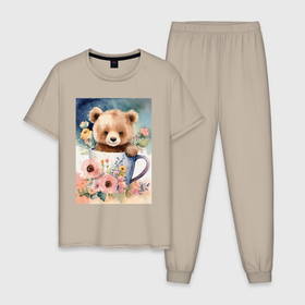 Мужская пижама хлопок с принтом Медвежонок в кружке в Белгороде, 100% хлопок | брюки и футболка прямого кроя, без карманов, на брюках мягкая резинка на поясе и по низу штанин
 | 
