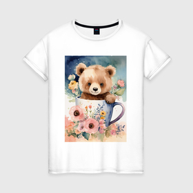 Женская футболка хлопок с принтом Медвежонок в кружке в Белгороде, 100% хлопок | прямой крой, круглый вырез горловины, длина до линии бедер, слегка спущенное плечо | 