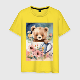 Мужская футболка хлопок с принтом Медвежонок в кружке в Белгороде, 100% хлопок | прямой крой, круглый вырез горловины, длина до линии бедер, слегка спущенное плечо. | 