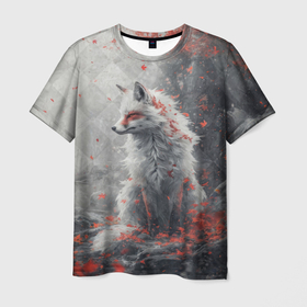 Мужская футболка 3D с принтом Осенний лис в Белгороде, 100% полиэфир | прямой крой, круглый вырез горловины, длина до линии бедер | 