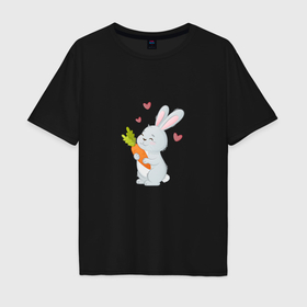 Мужская футболка хлопок Oversize с принтом Зайка и морковка. Любовь морковь в Санкт-Петербурге, 100% хлопок | свободный крой, круглый ворот, “спинка” длиннее передней части | Тематика изображения на принте: 